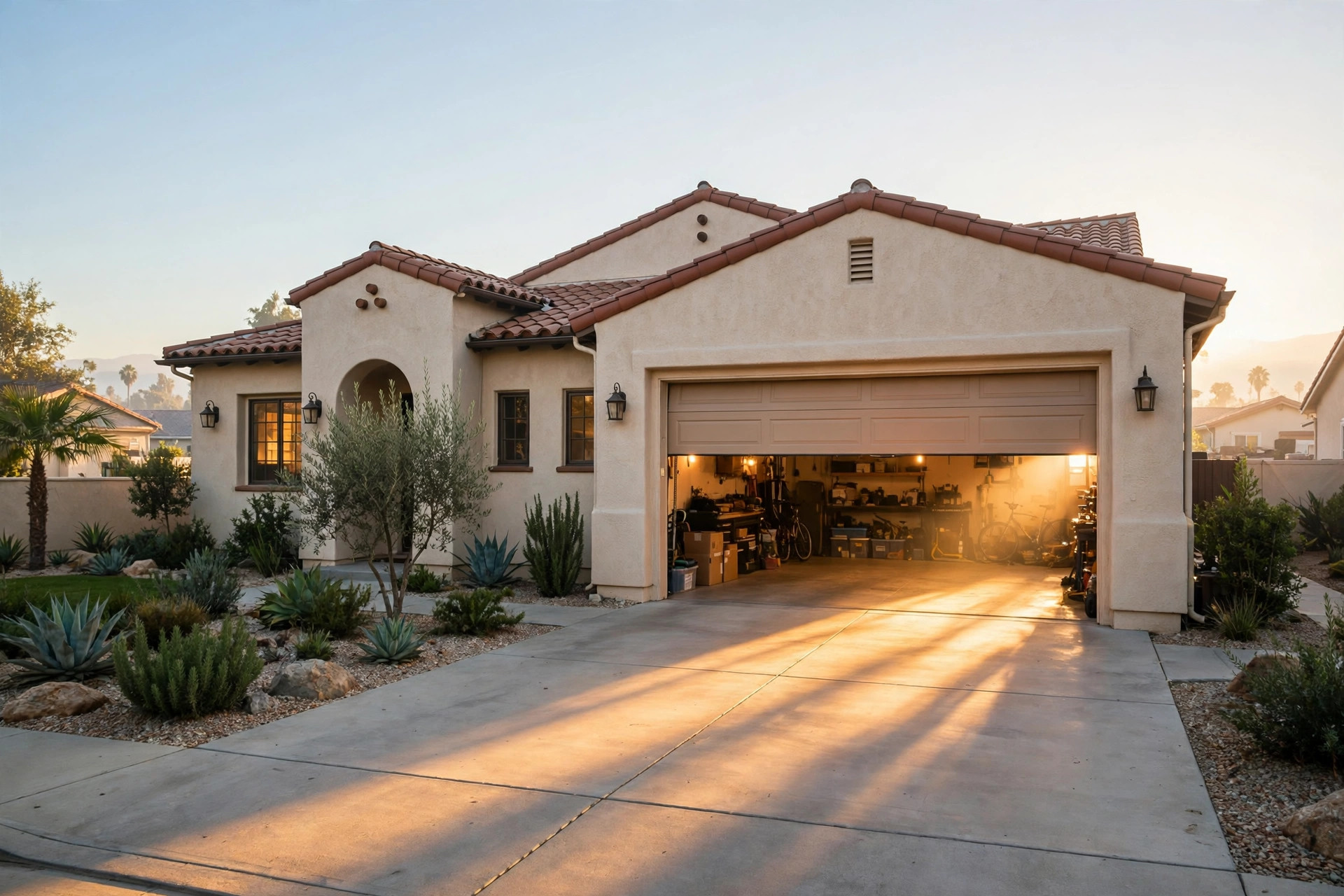 A Riverside home with its sectional garage door half open in morning light