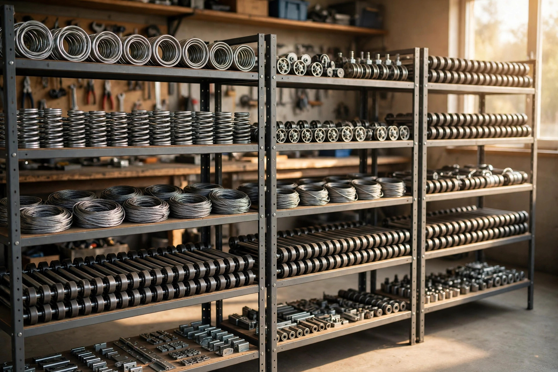 Garage door springs, cables, and rollers organized on workshop shelves
